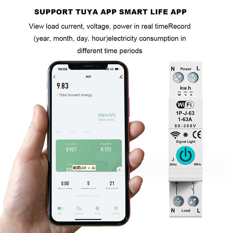 Tuya WiFi Interruptor de circuito inteligente Conmutador de medición de fase única sobre la corriente de control remoto móvil temporizador de múltiples funciones
