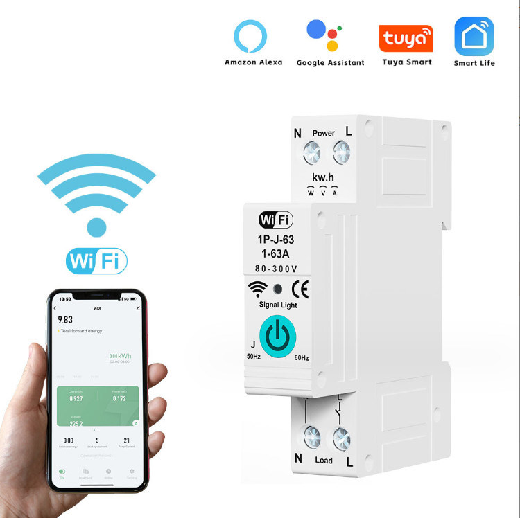 Tuya WiFi Interruptor de circuito inteligente Conmutador de medición de fase única sobre la corriente de control remoto móvil temporizador de múltiples funciones