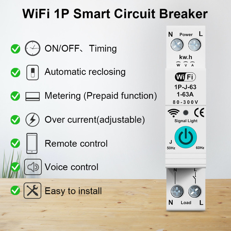 Tuya WiFi Interruptor de circuito inteligente Conmutador de medición de fase única sobre la corriente de control remoto móvil temporizador de múltiples funciones