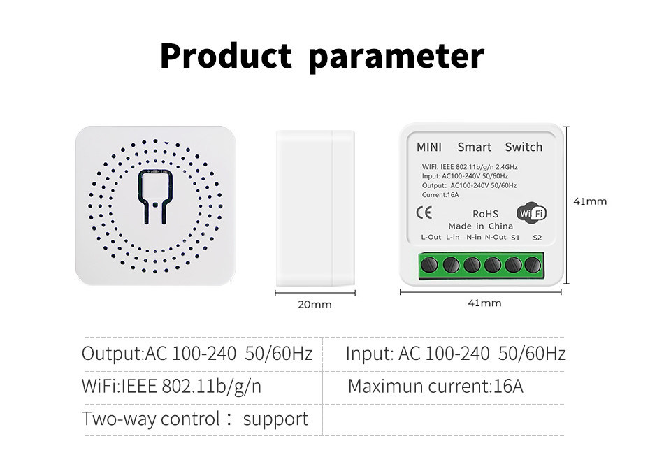 Mini interruptor inteligente Solución inteligente confiable - Wi-Fi habilitado estándar - Compacto Dispositivo bset opción para rehacer el circuito antiguo