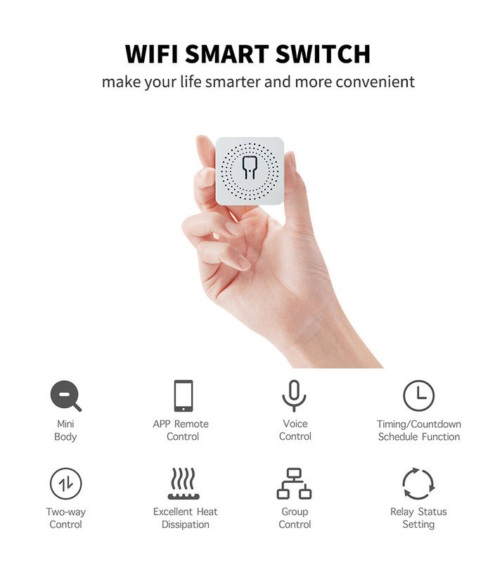 Mini interruptor inteligente Solución inteligente confiable - Wi-Fi habilitado estándar - Compacto Dispositivo bset opción para rehacer el circuito antiguo