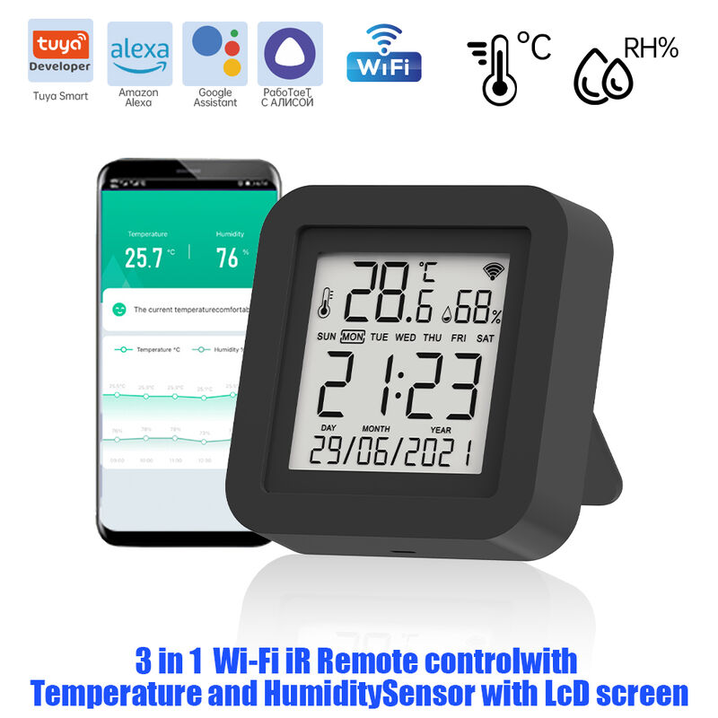 SIXWGH 3 en 1 Dispositivo de automatización del hogar inteligente Tuya Wi-Fi IR Control remoto Pantalla LCD Sensor de temperatura y humedad Control de voz
