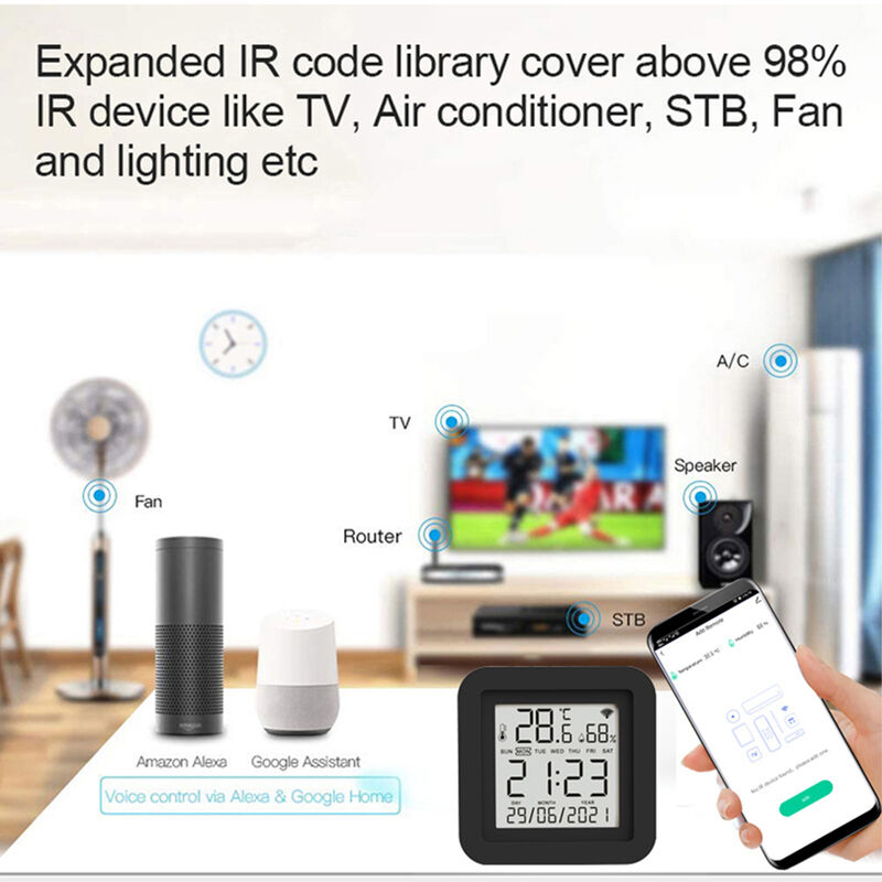 SIXWGH 3 en 1 Dispositivo de automatización del hogar inteligente Tuya Wi-Fi IR Control remoto Pantalla LCD Sensor de temperatura y humedad Control de voz