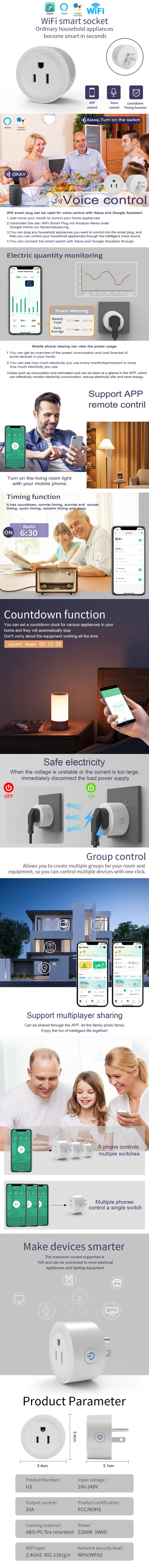 zócalo de poder elegante de Wifi del control del zócalo 2000W Tuya APP Romote de 60Hz WiFi 0